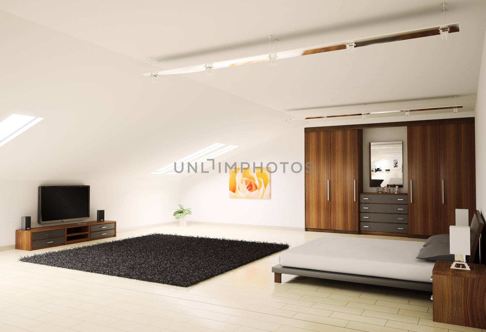 Modern bedroom interior penthouse 3d render