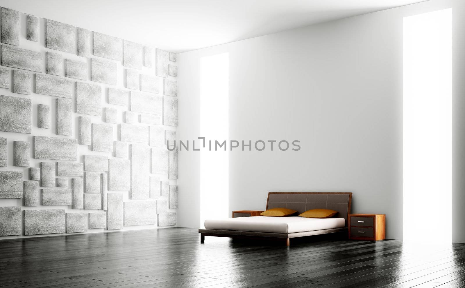 Modern bedroom with big windows interior 3d