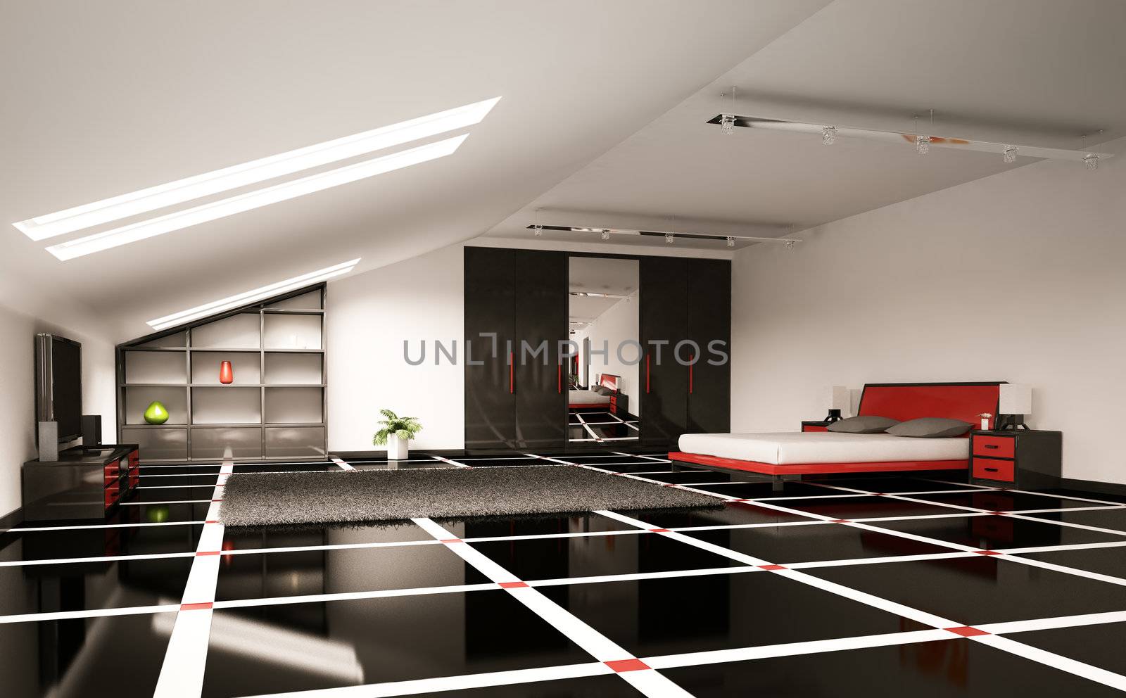 Modern bedroom interior penthouse 3d render