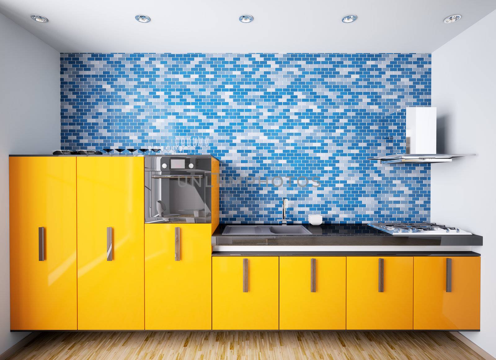 Interior of modern orange kitchen over blue mosaic wall 3d render