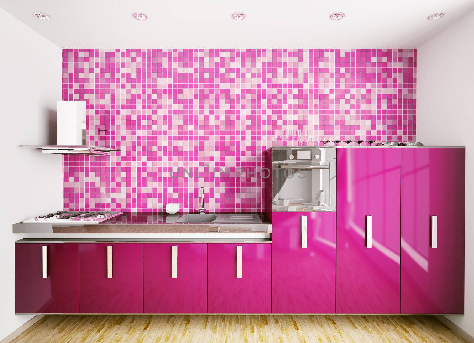 Interior of modern purple kitchen over mosaic wall 3d render