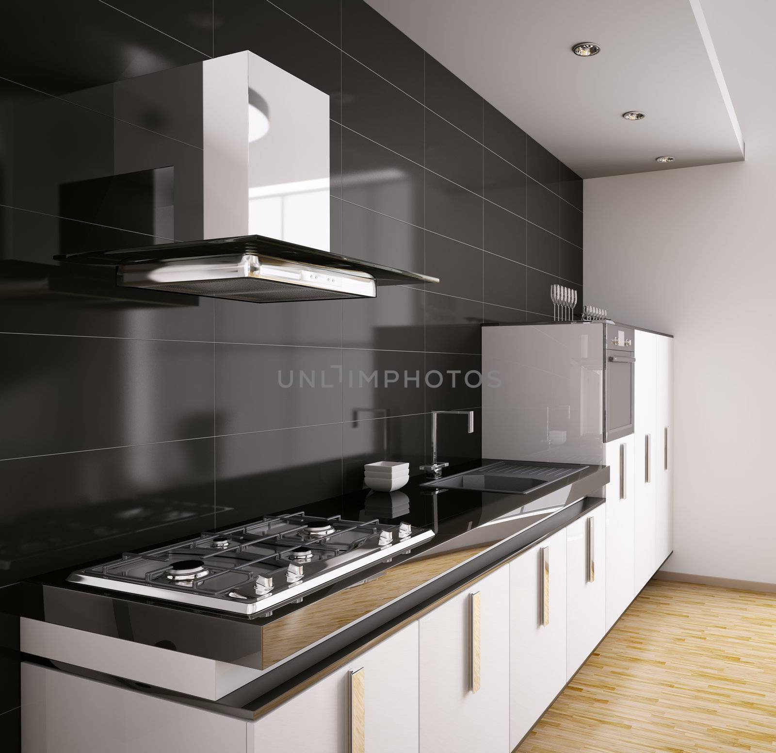 Modern kitchen with sink, gas cooktop and hood interior 3d