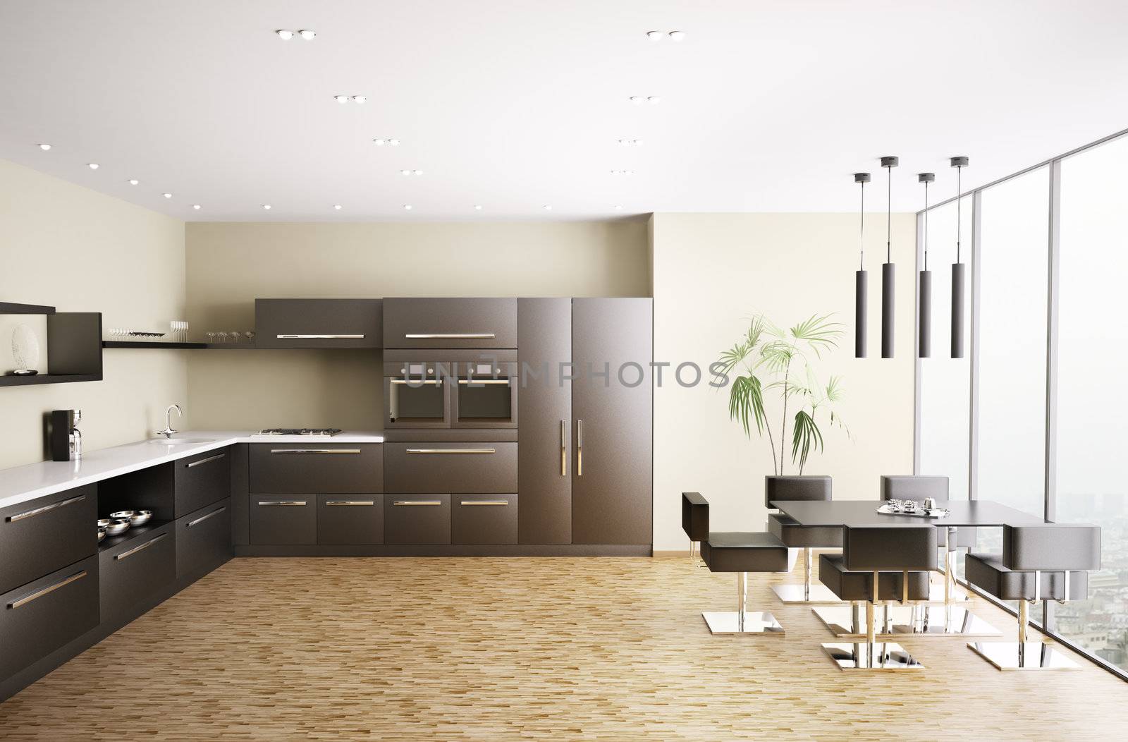 Interior of modern black kitchen 3d render