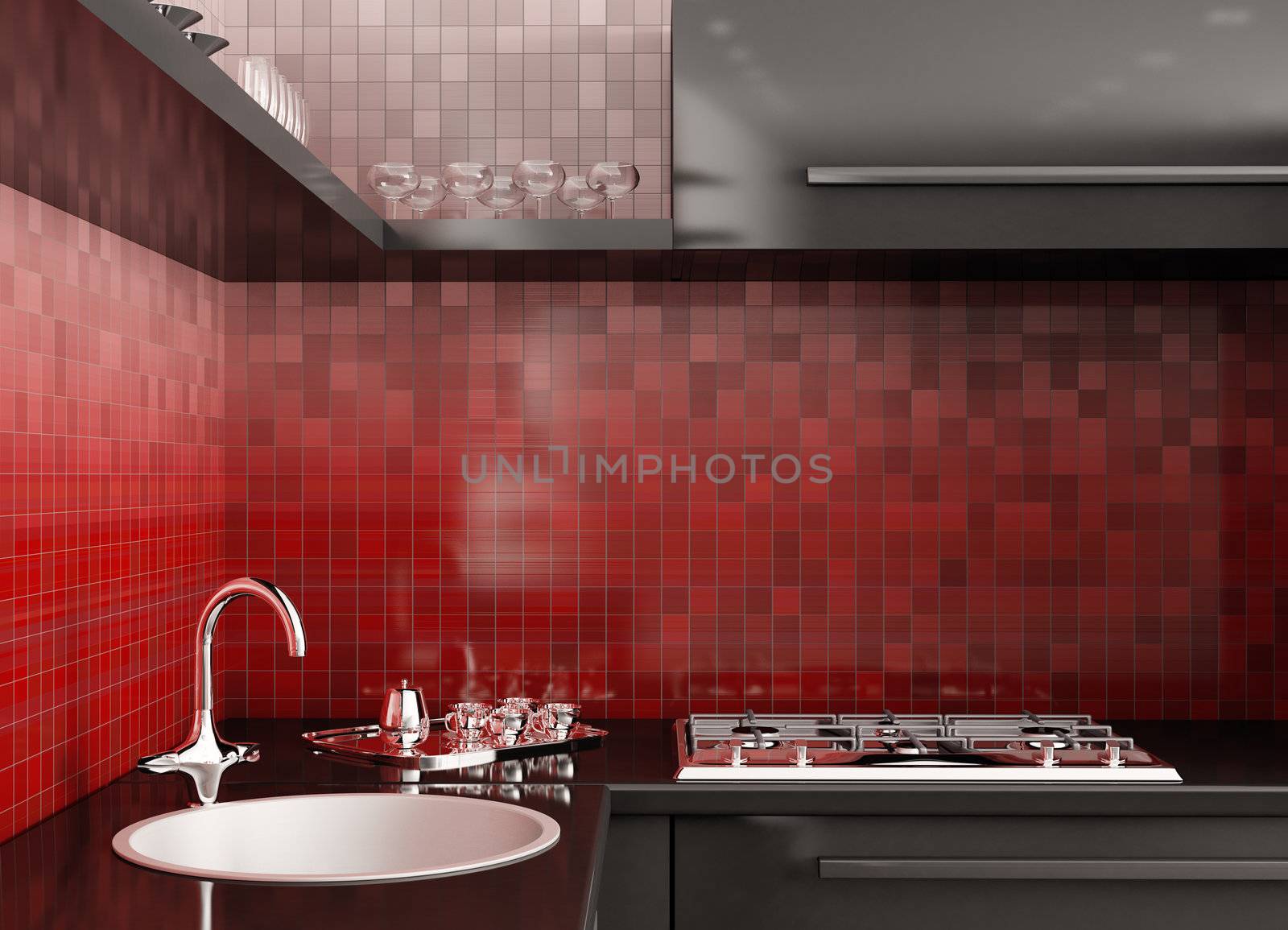 Modern black kitchen over the red gradient mosaic walls 3d render