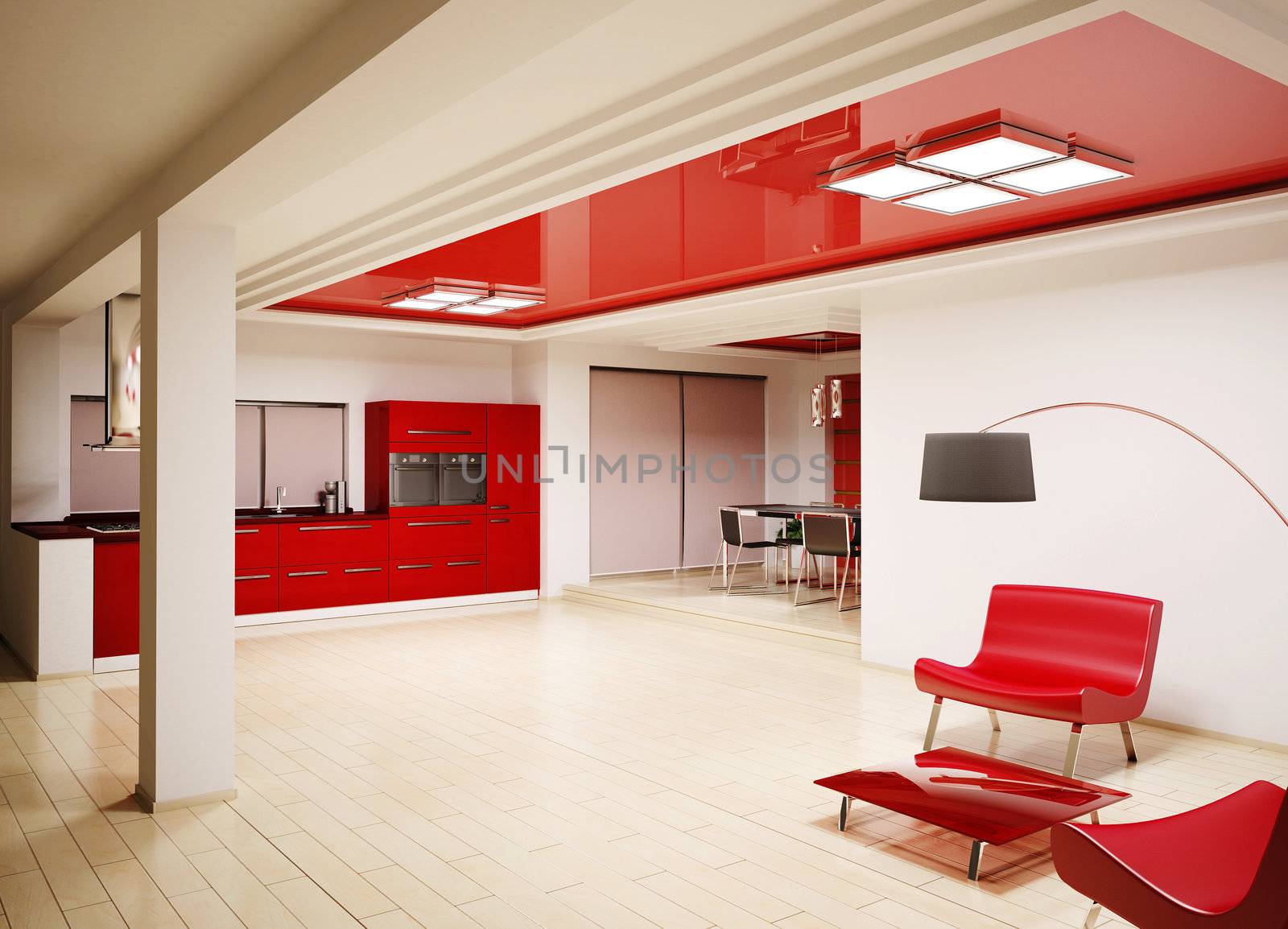 Interior of modern red kitchen 3d render