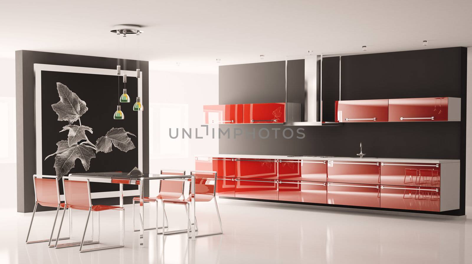 Interior of modern kitchen with big picture on the wall 3d render