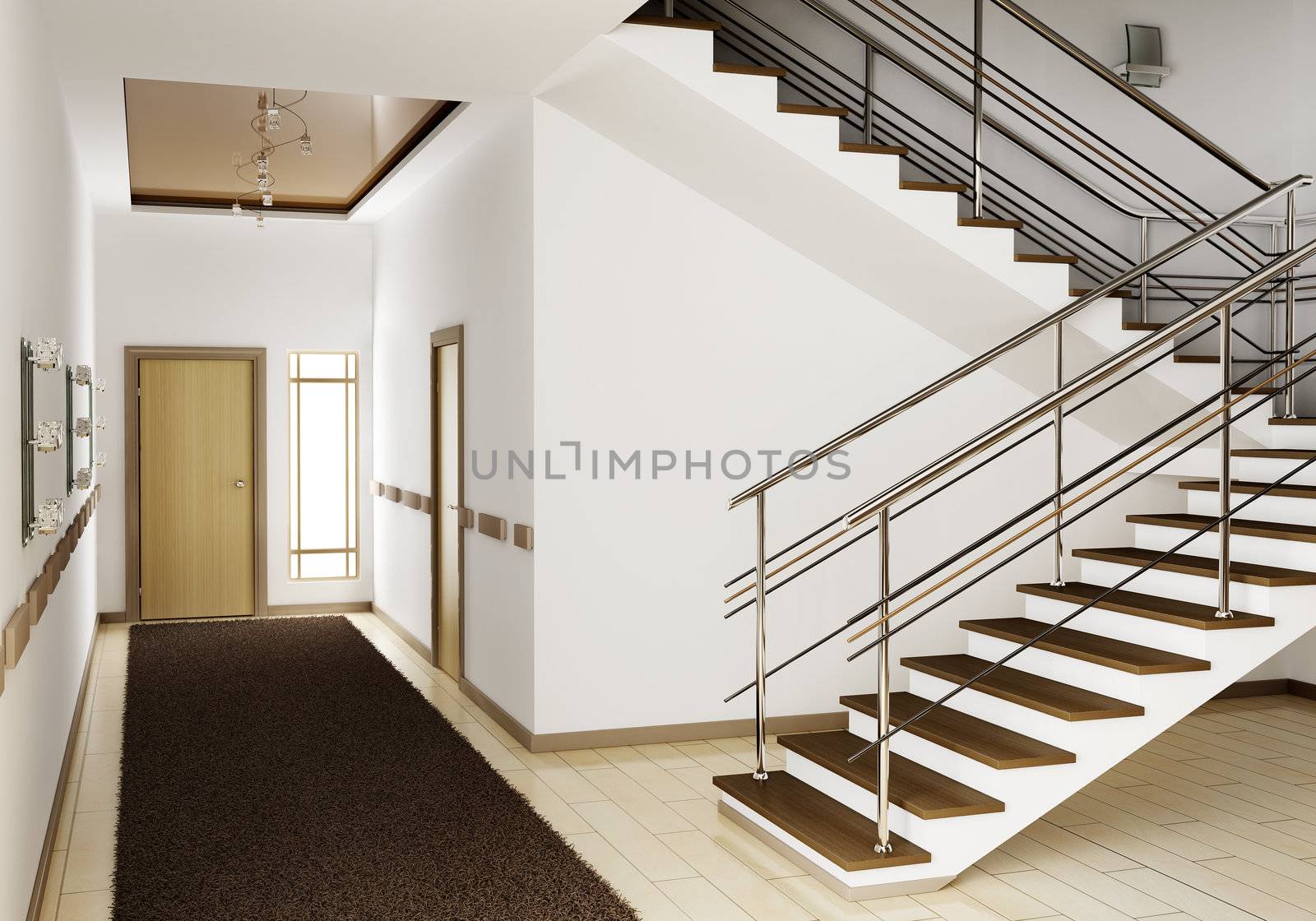 Modern interior of hall with stair 3d render