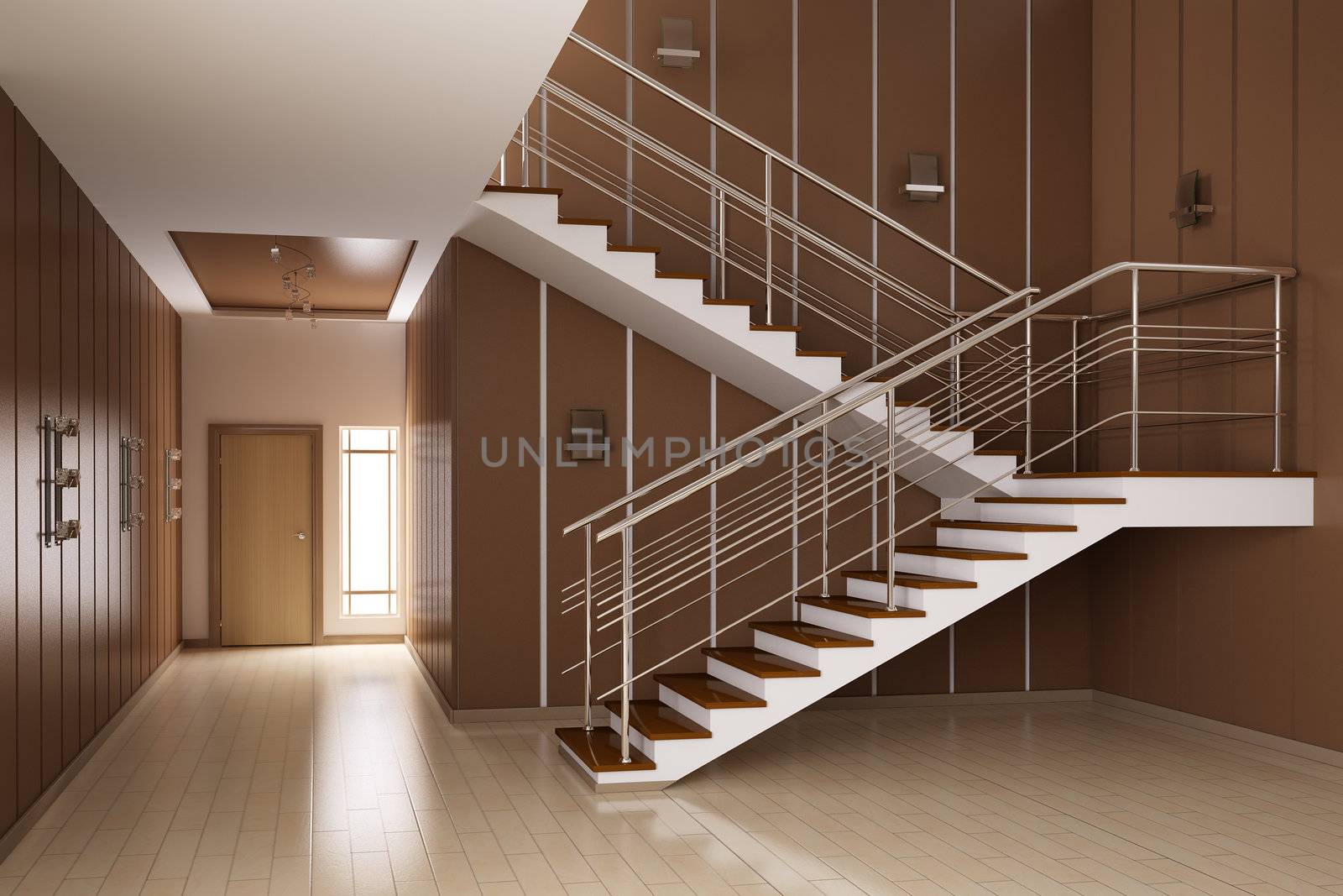 Modern interior of hall with stairs 3d render