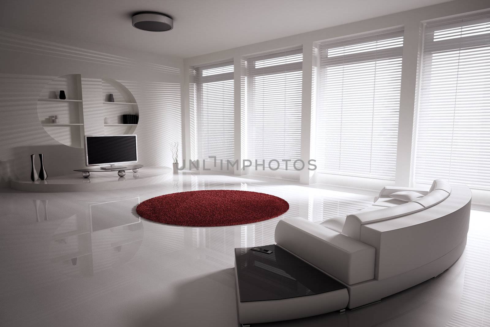 Living room with sofa and lcd tv interior 3d render