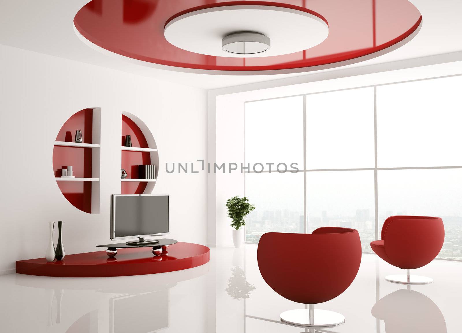 Interior of living room with armchairs and lcd 3d render