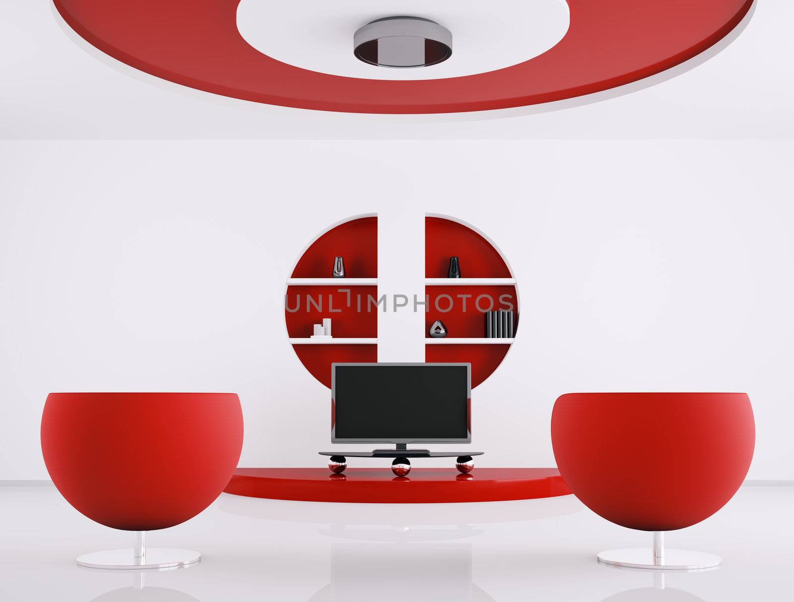 Red white interior of living room 3d render