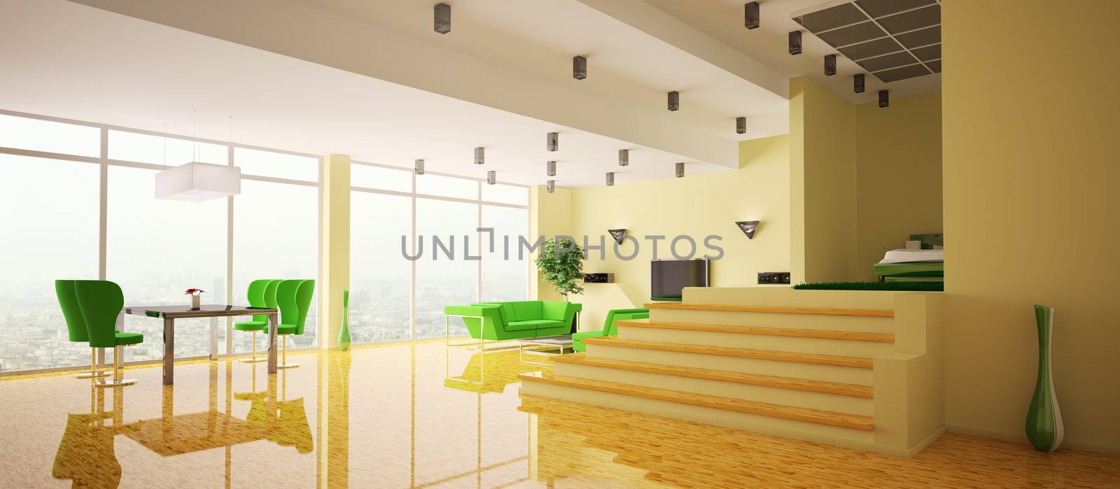 Modern apartment with yellow walls and wood floor interior panorama 3d