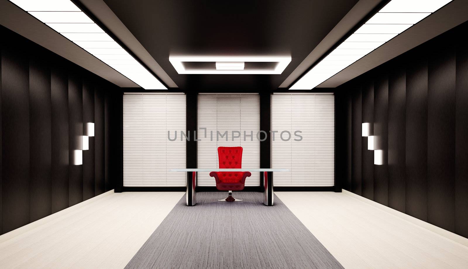 Office interior with red chair and table 3d