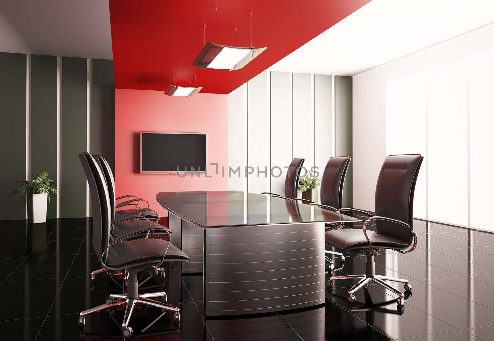 conference room with lcd tv interior 3d render