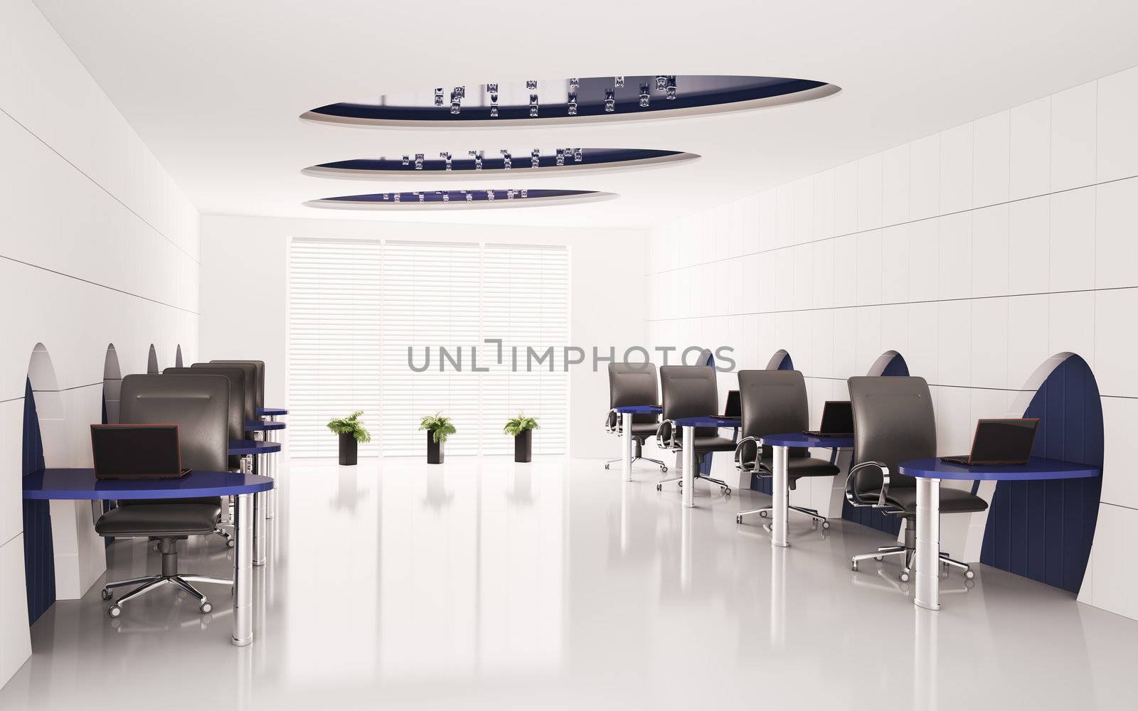 Computer office interior with laptops 3d render