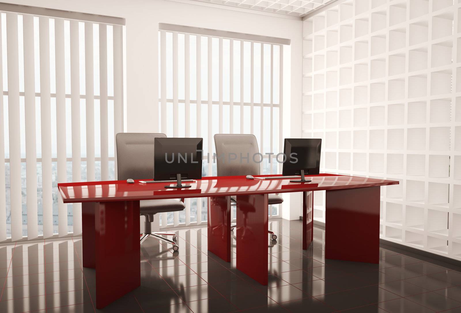 Modern office with computers interior 3d render