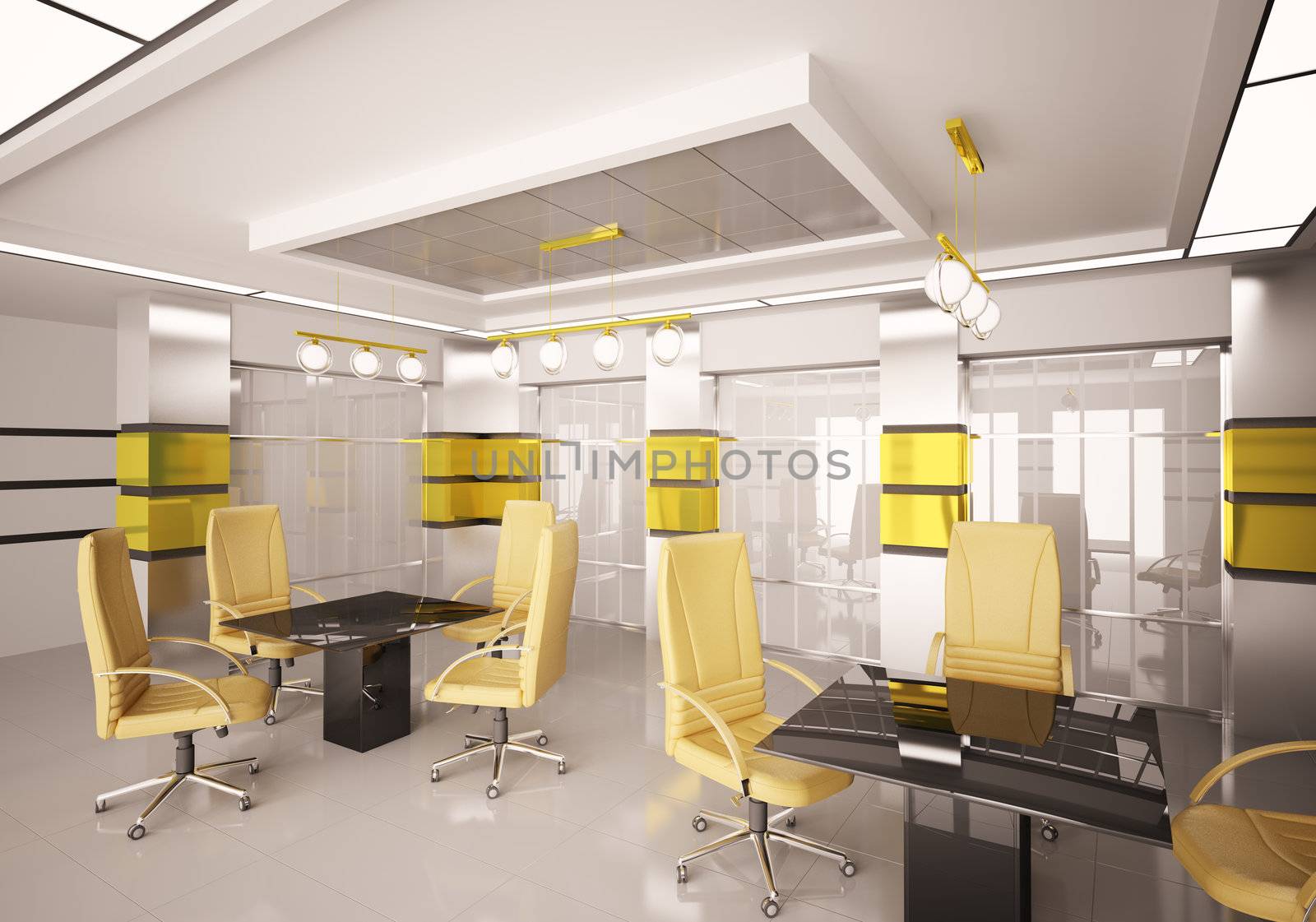 Modern boardroom with yellow chairs interior 3d