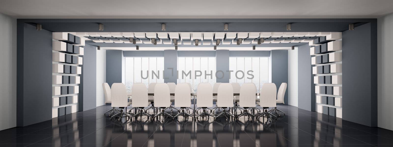 Modern boardroom with white chairs interior panorama 3d render