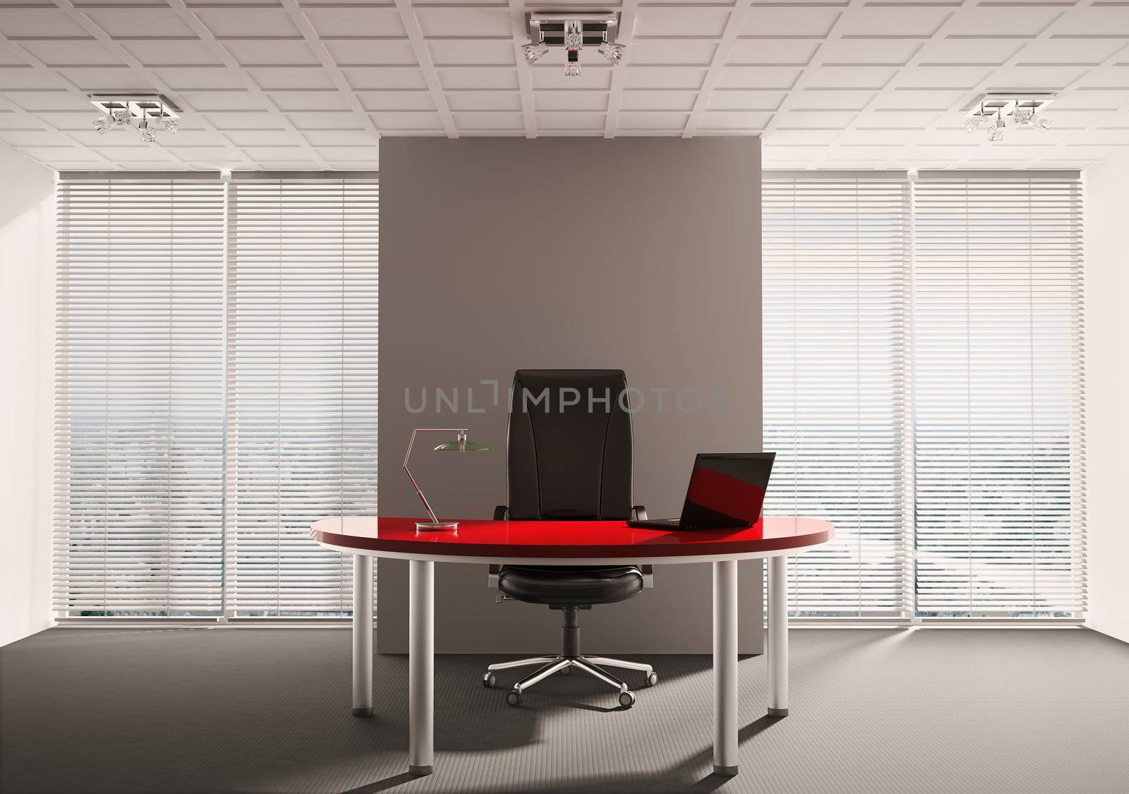 Modern office with red table interior 3d render