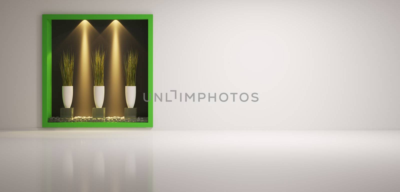empty interior with plants in vases 3d render