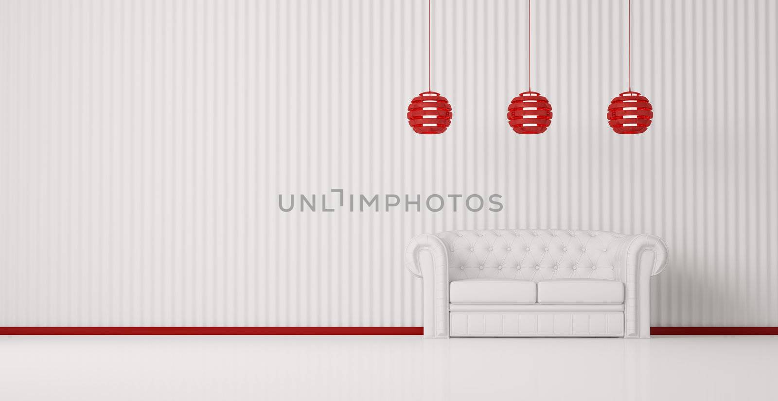 White sofa in white room with red plinth and lamps interior 3d