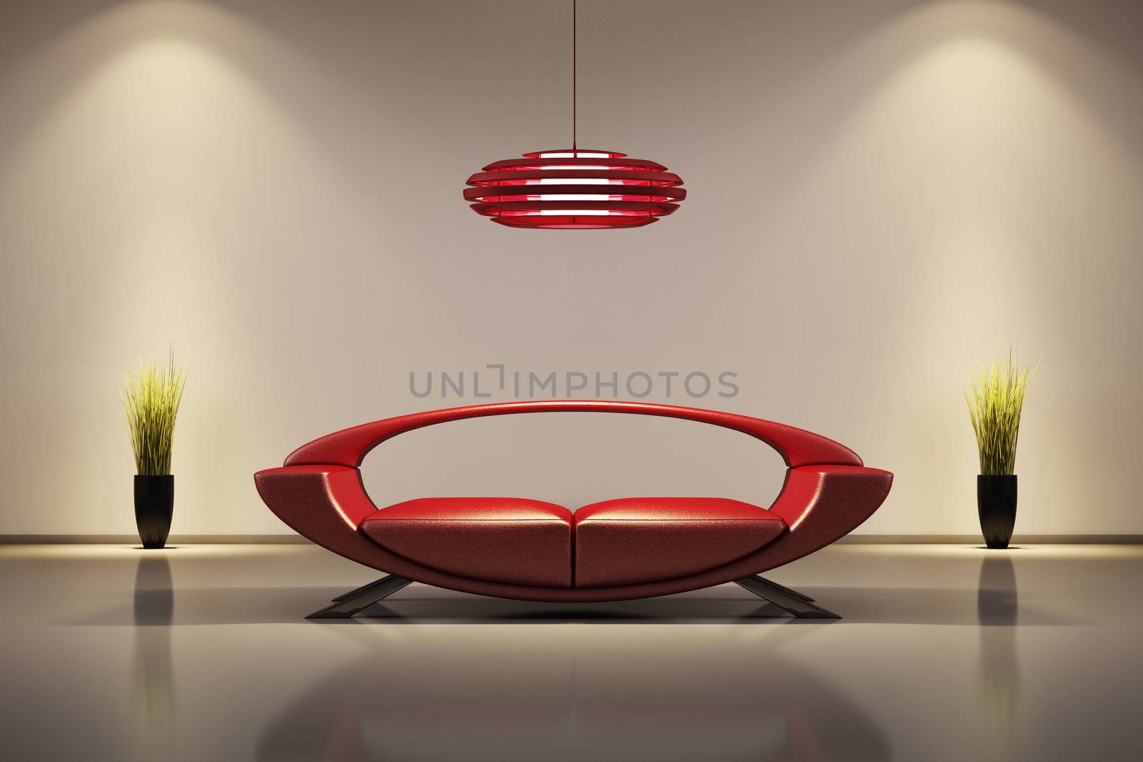 Interior with red sofa and plants 3d render