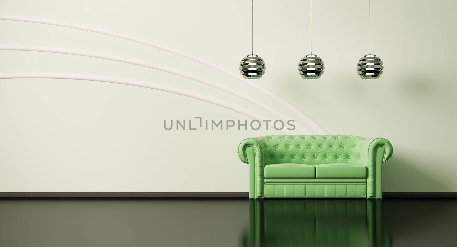 Green sofa in apple-green room with black floor 3d