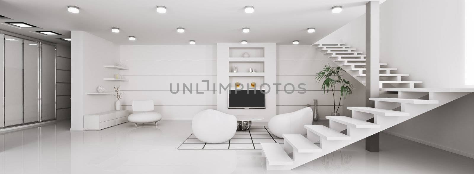Modern interior of white apartment panorama 3d render