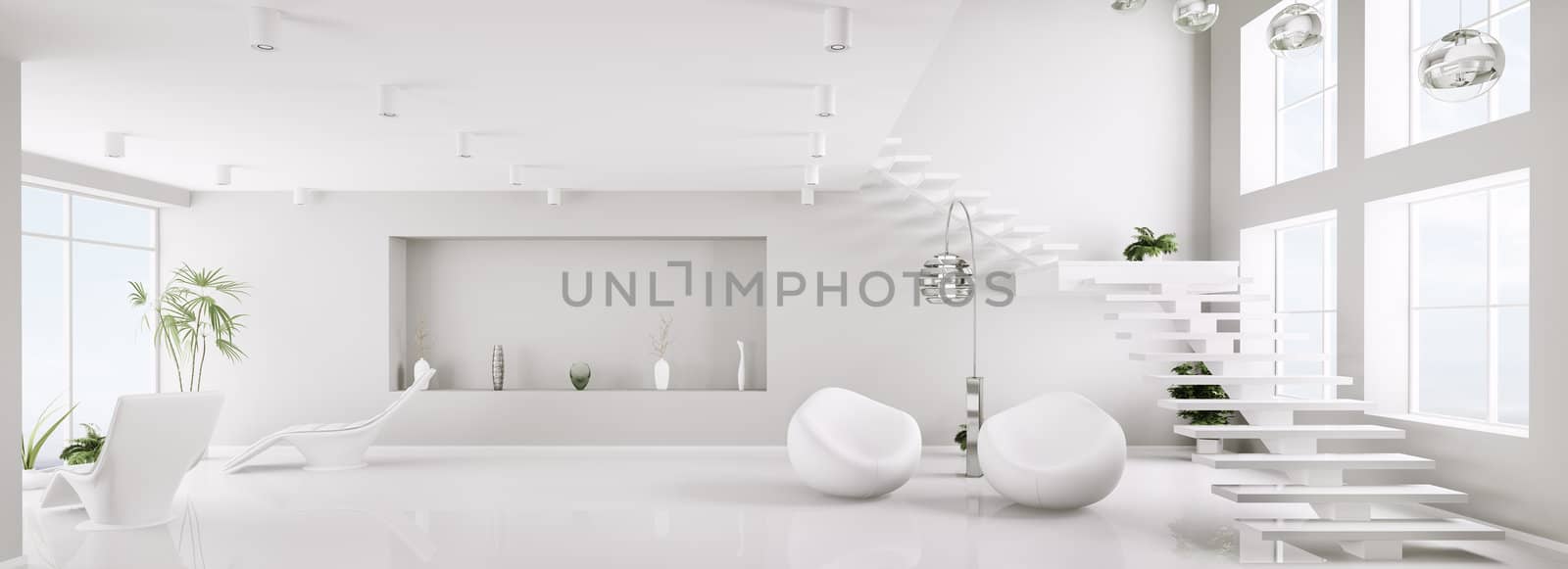 White interior of modern apartment living room panorama 3d render