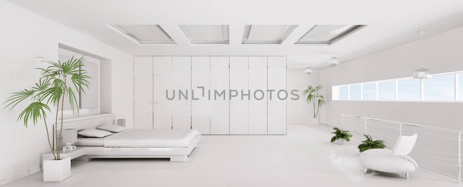 Interior of white bedroom panorama 3d render by scovad
