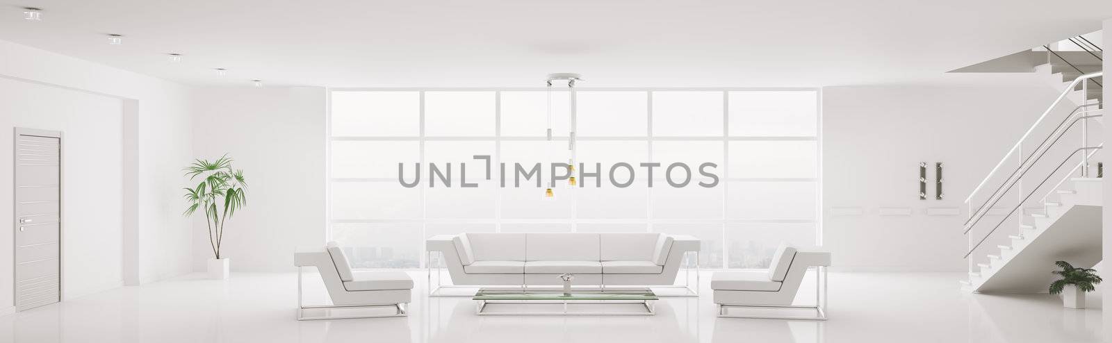 White interior of modern apartment panorama 3d render by scovad