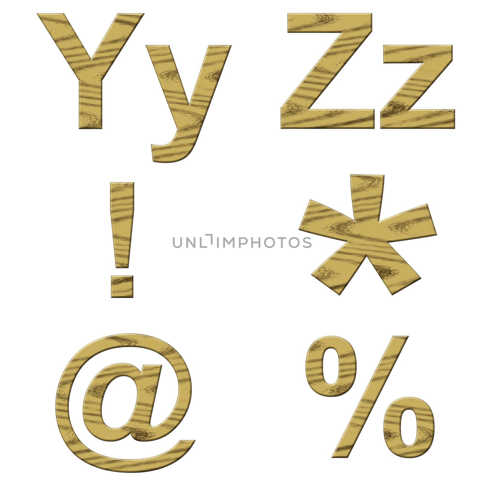 Illustration of wooden letters and symbols on white background.