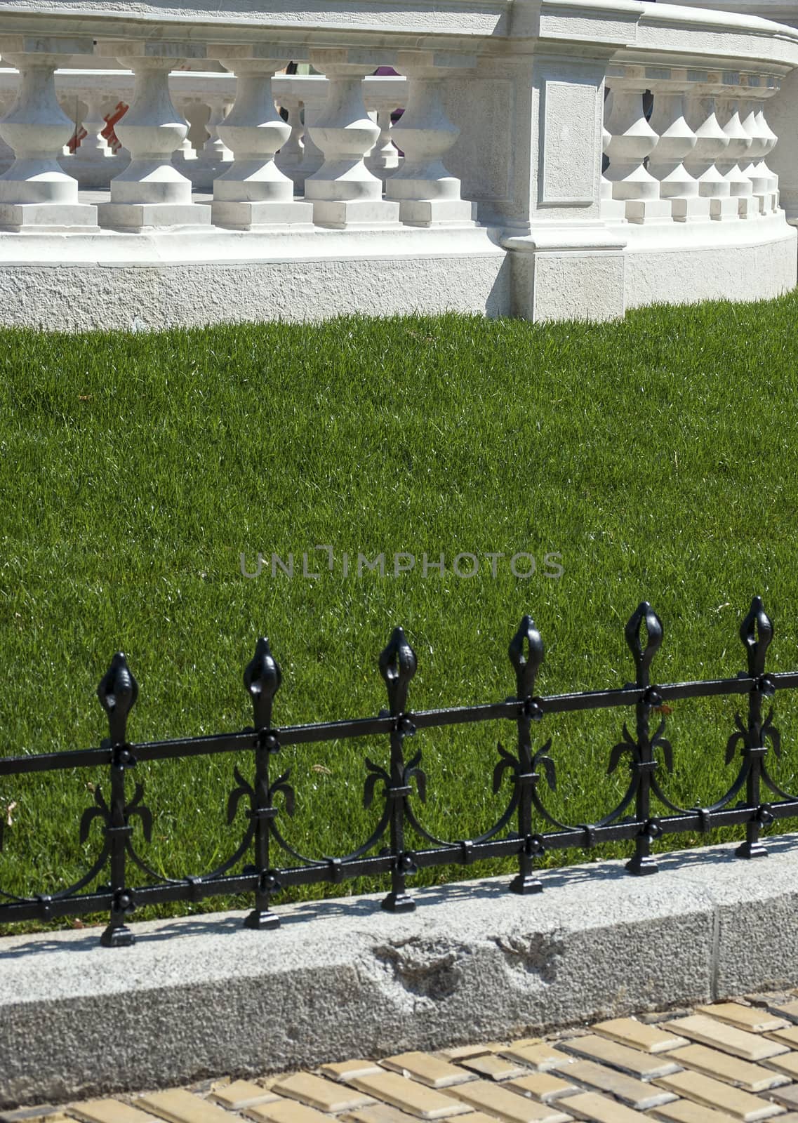 Iron black old decorative ornamented fence, stone border, green grass