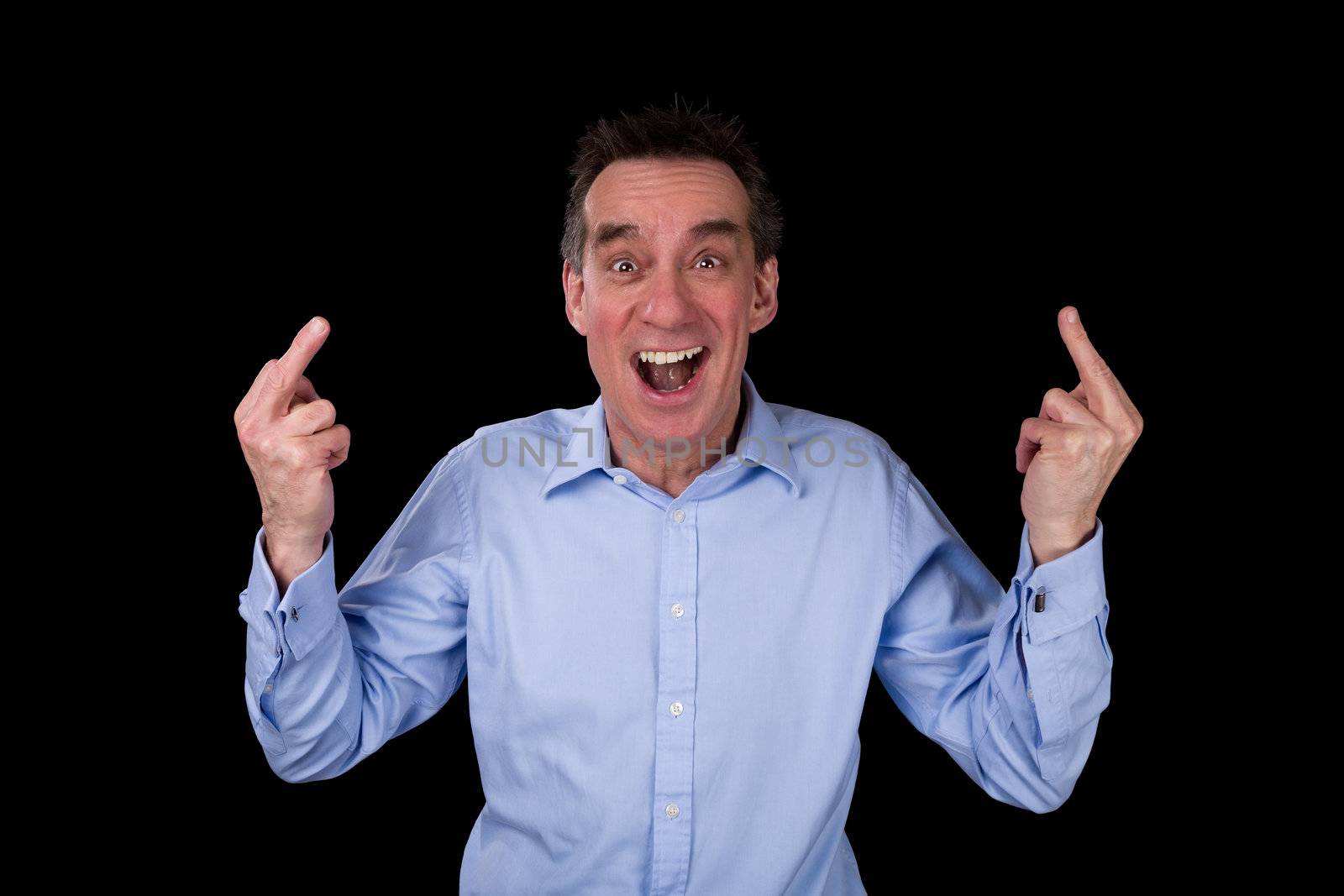 Angry Shouting Middle Age Business Man Giving One Finger Gesture Black Background