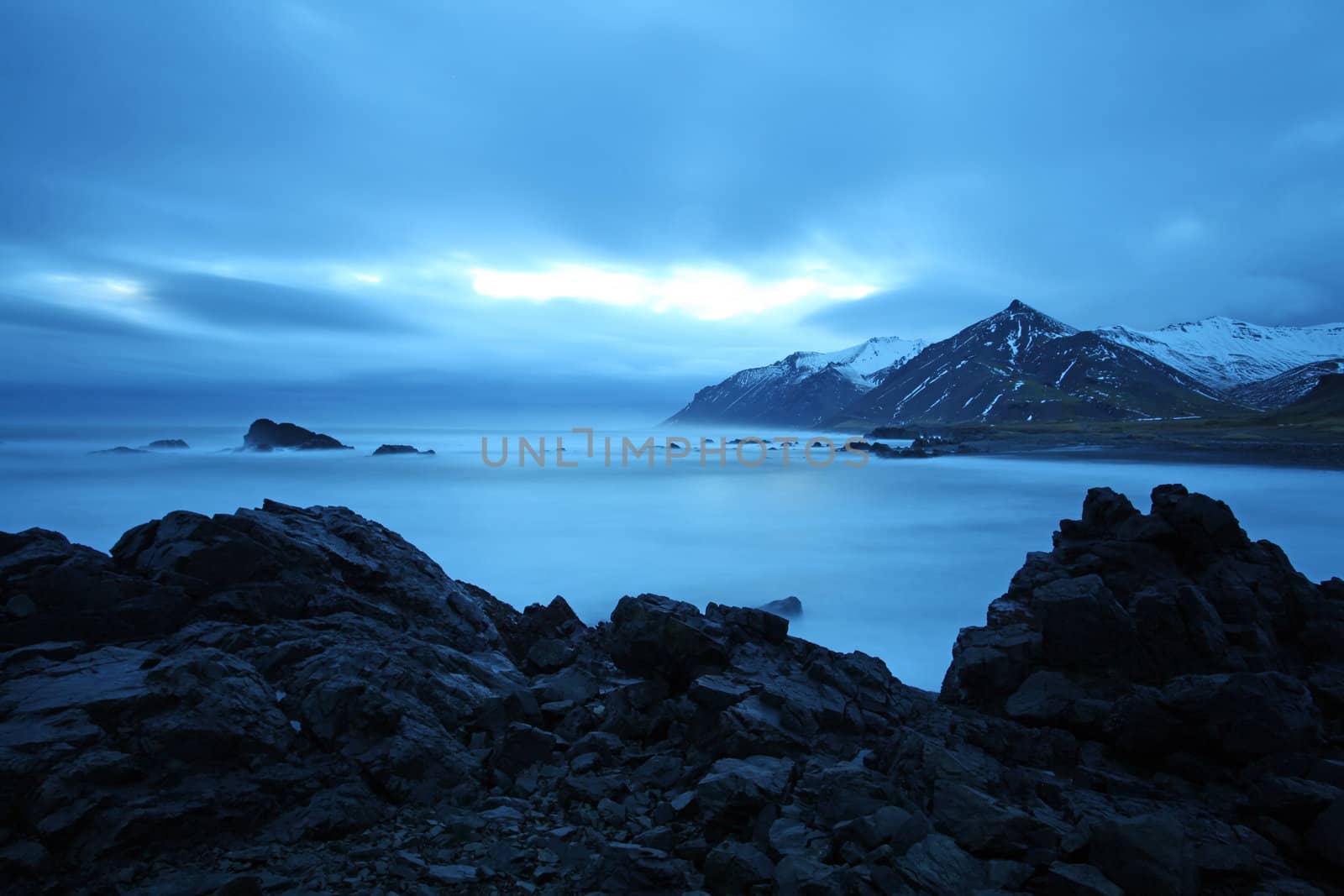 twilight arctic coast in the east fjords in iceland