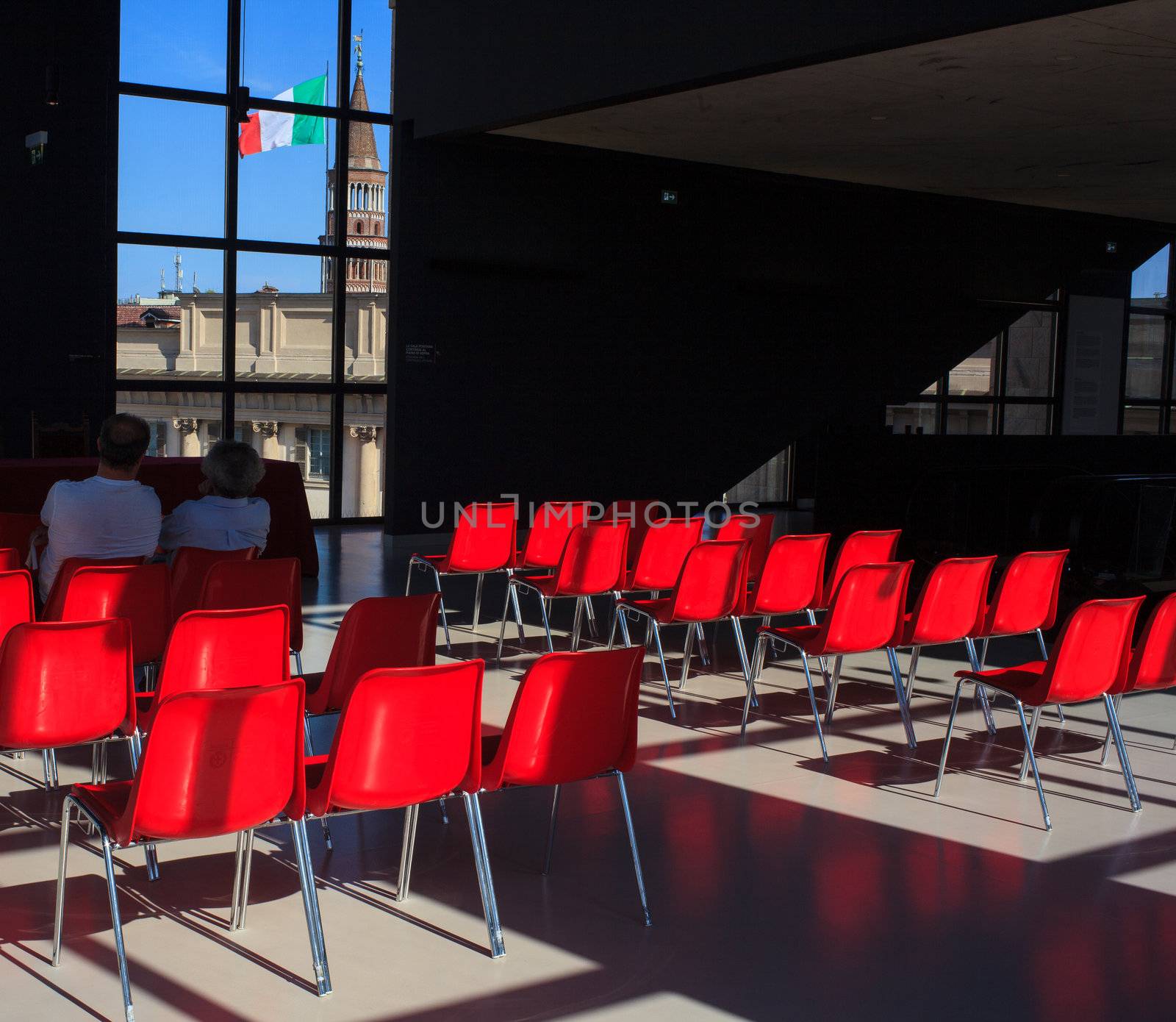 View of red chairs for conference room