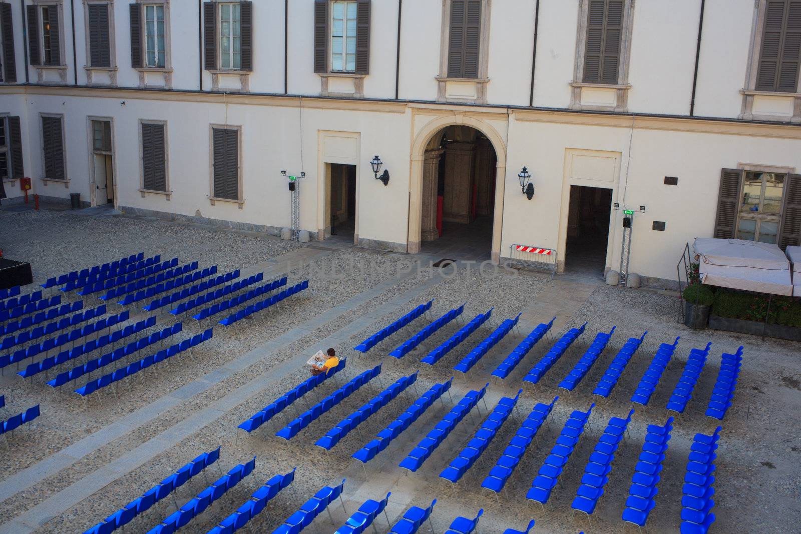 View of Empty blue chairs for outdoor cinema
