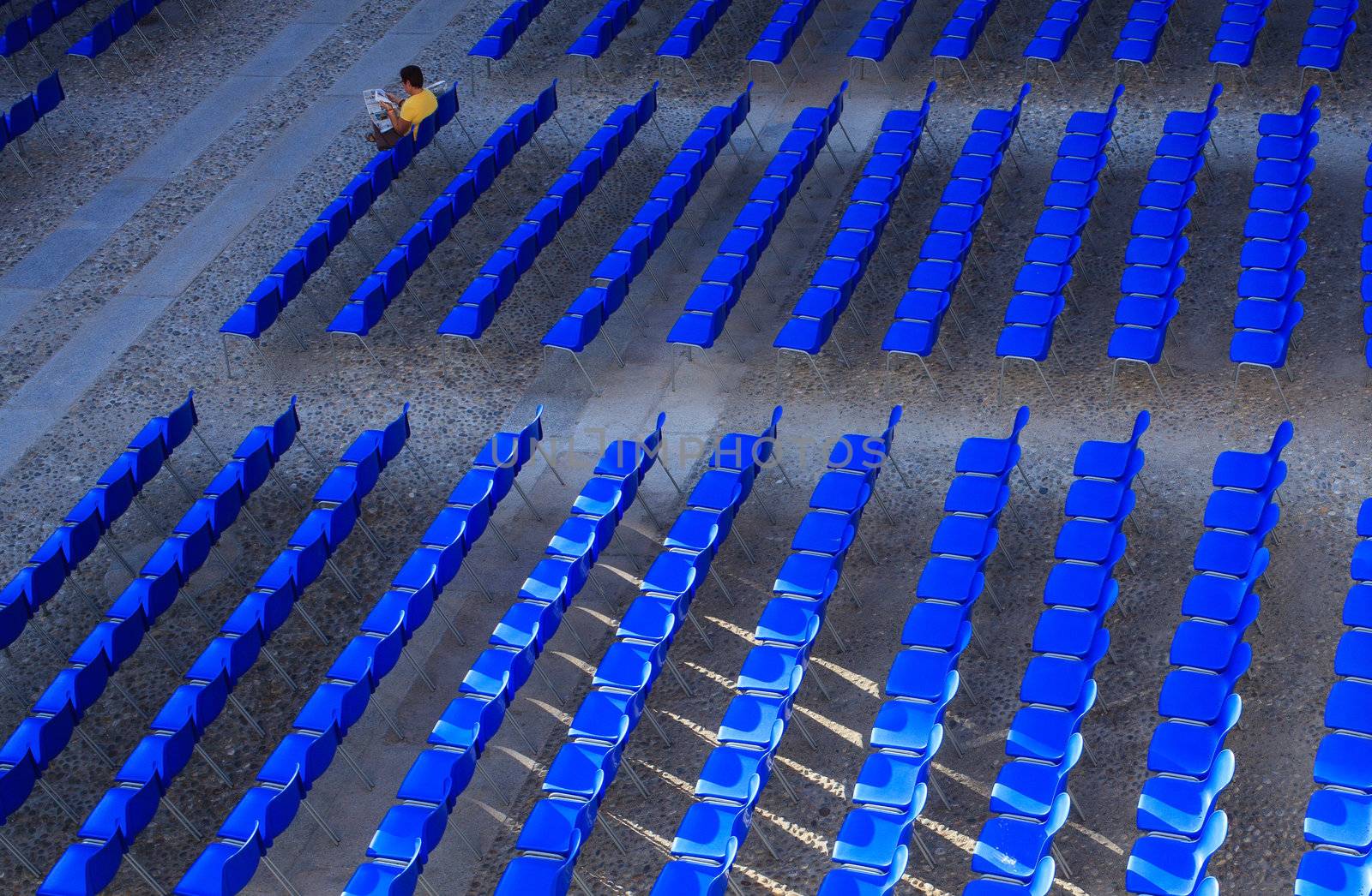 View of Empty blue chairs for outdoor cinema