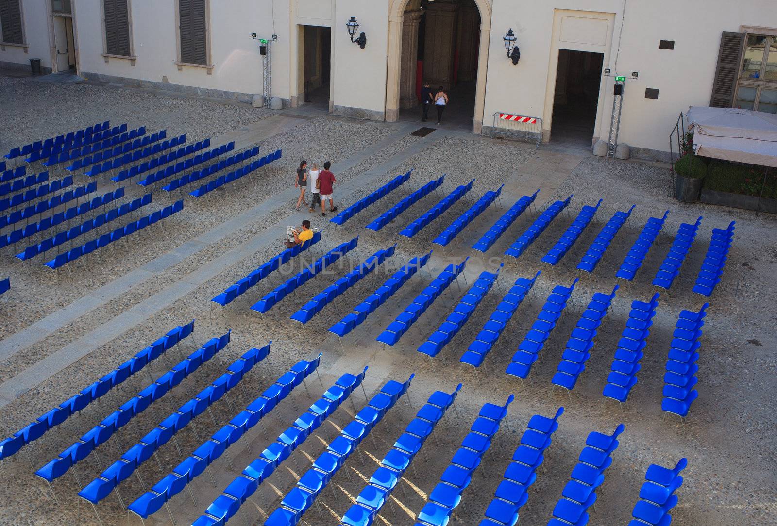 View of Empty blue chairs for outdoor cinema