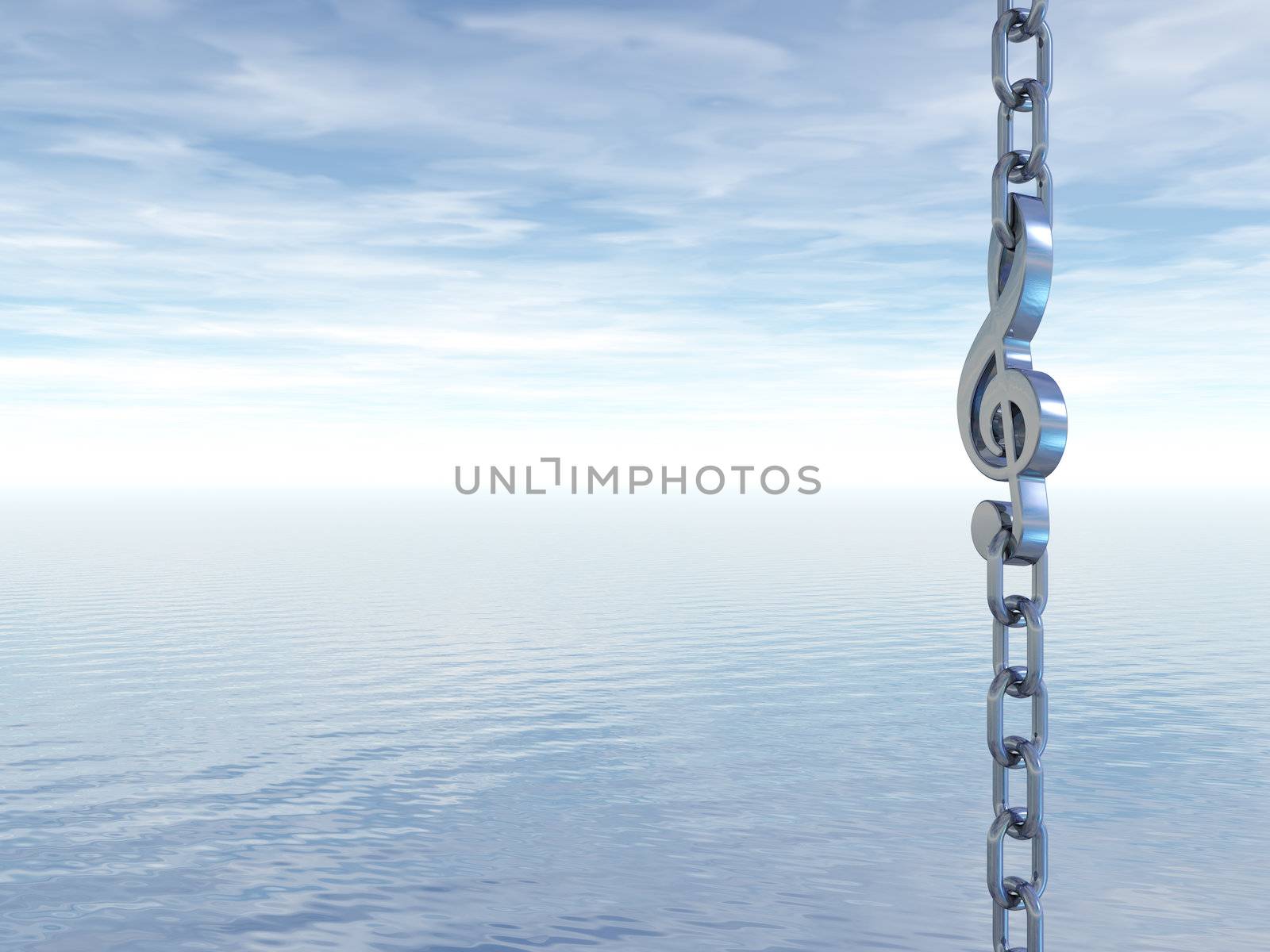 metal chain with clef in front of cloudy sky - 3d illustration