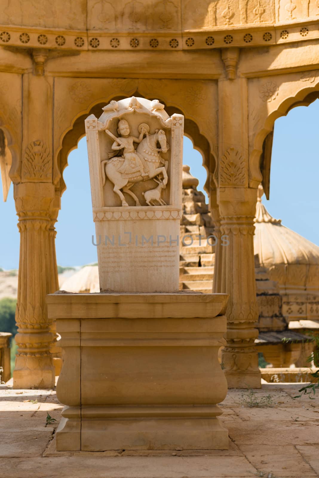 Royal rider image in cenotaphs of ancient Maharajas rulers in Bada Bagh ruins, also called Barabagh (literally Big Garden), Jaisalmer, India