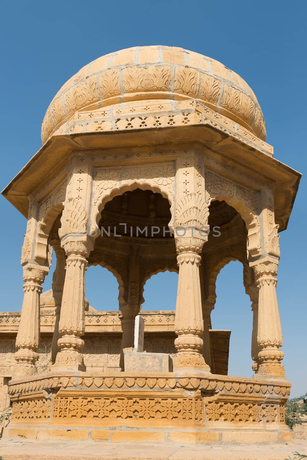 Chhatris on ruins of the royal cenotaphs of ancient Maharajas rulers  with floral ornament in Bada Bagh, Jaisalmer, India