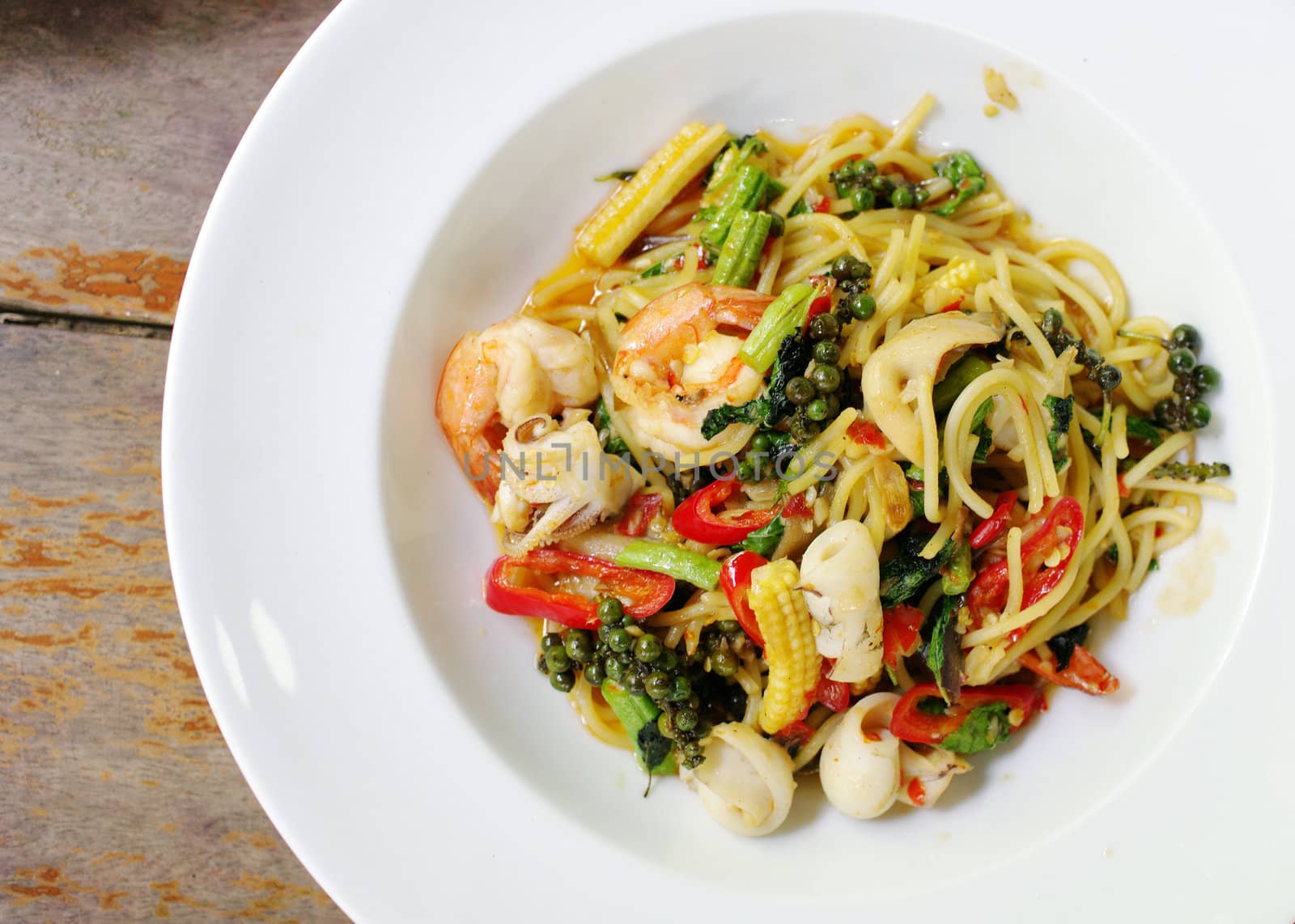 Spicy seafood spaghetti, Italian food in Thai style