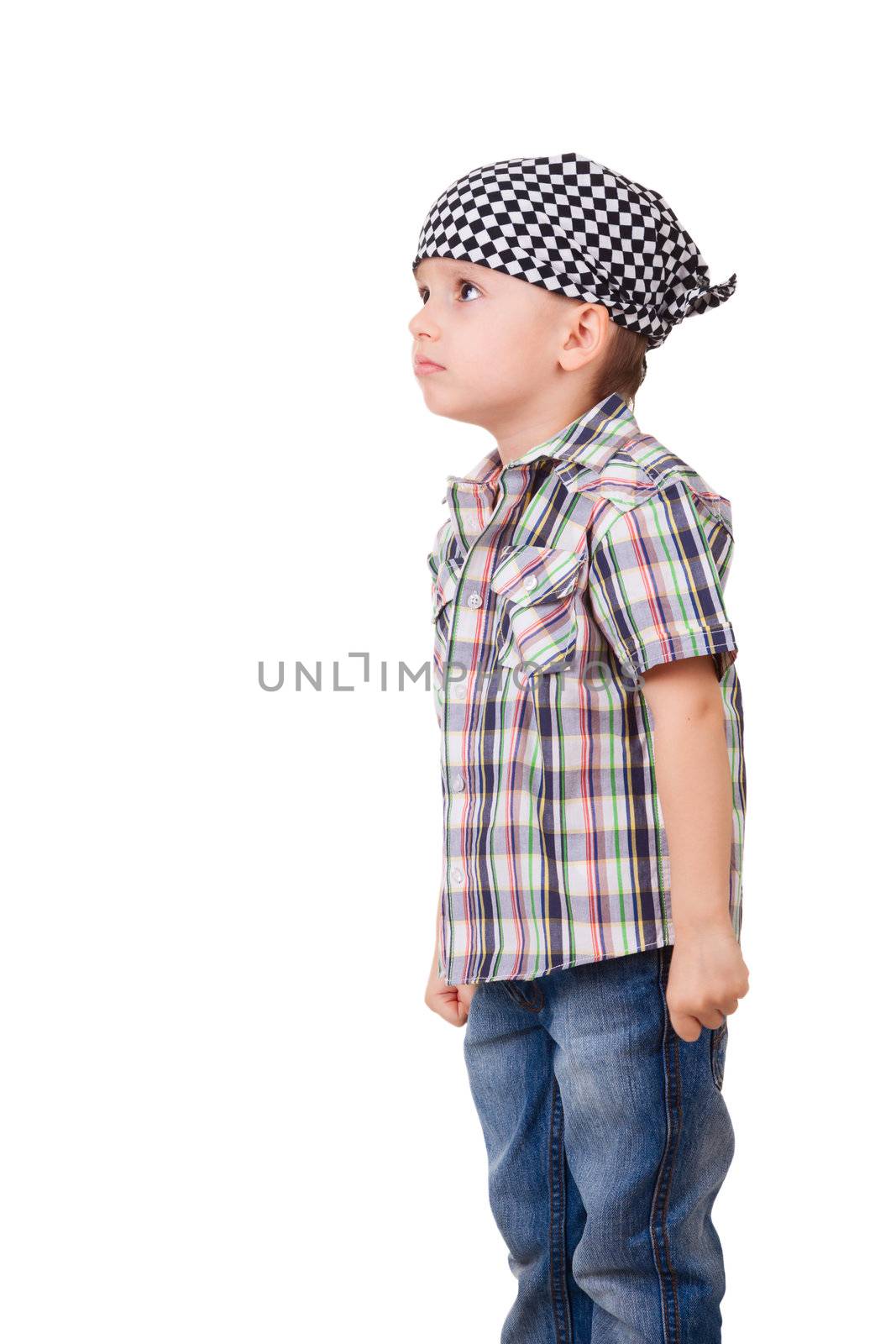 Portrait of a angry capricious preschool kid in bandanna and shirt, isolated on white 