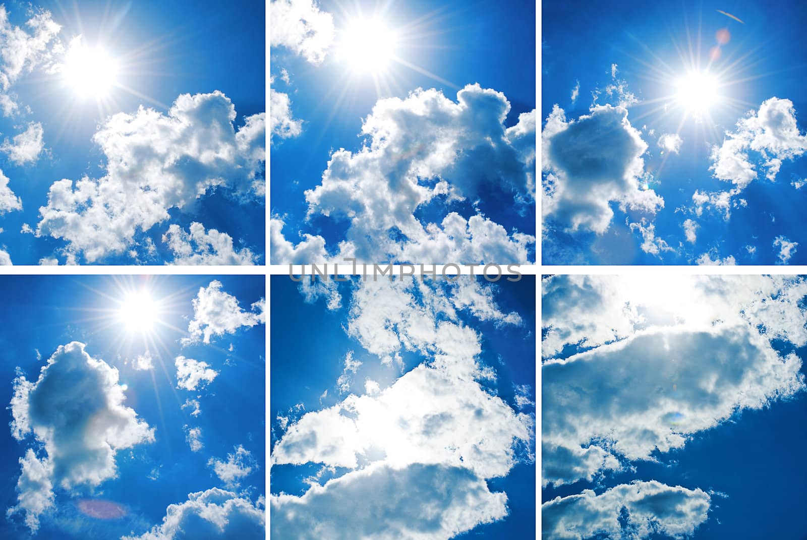 Collection of blue sky with thick clouds on a sunny day.