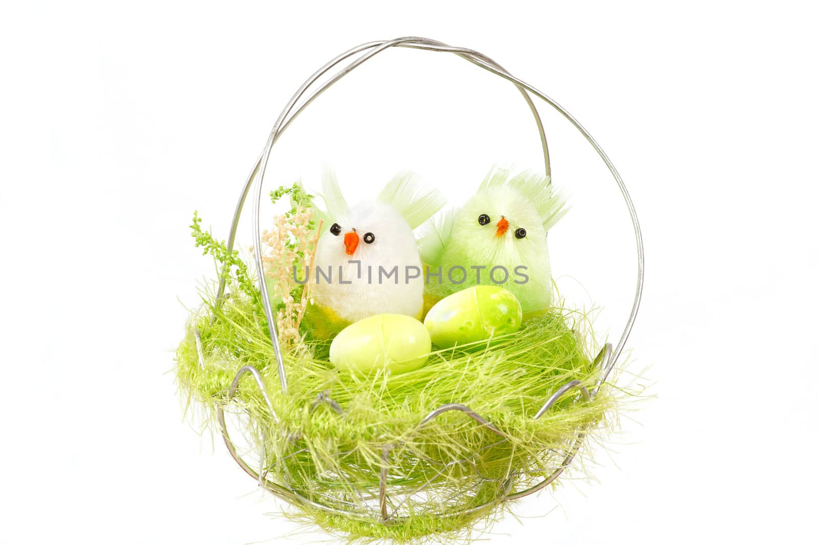 green easter decoration with birds on white background