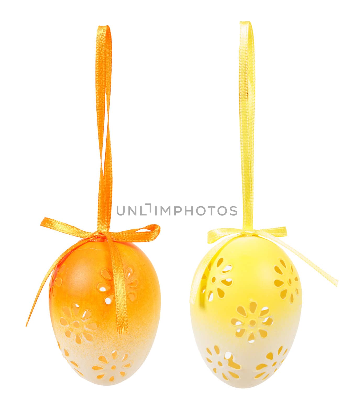 hanged bright color easter eggs with bows isolated on white background