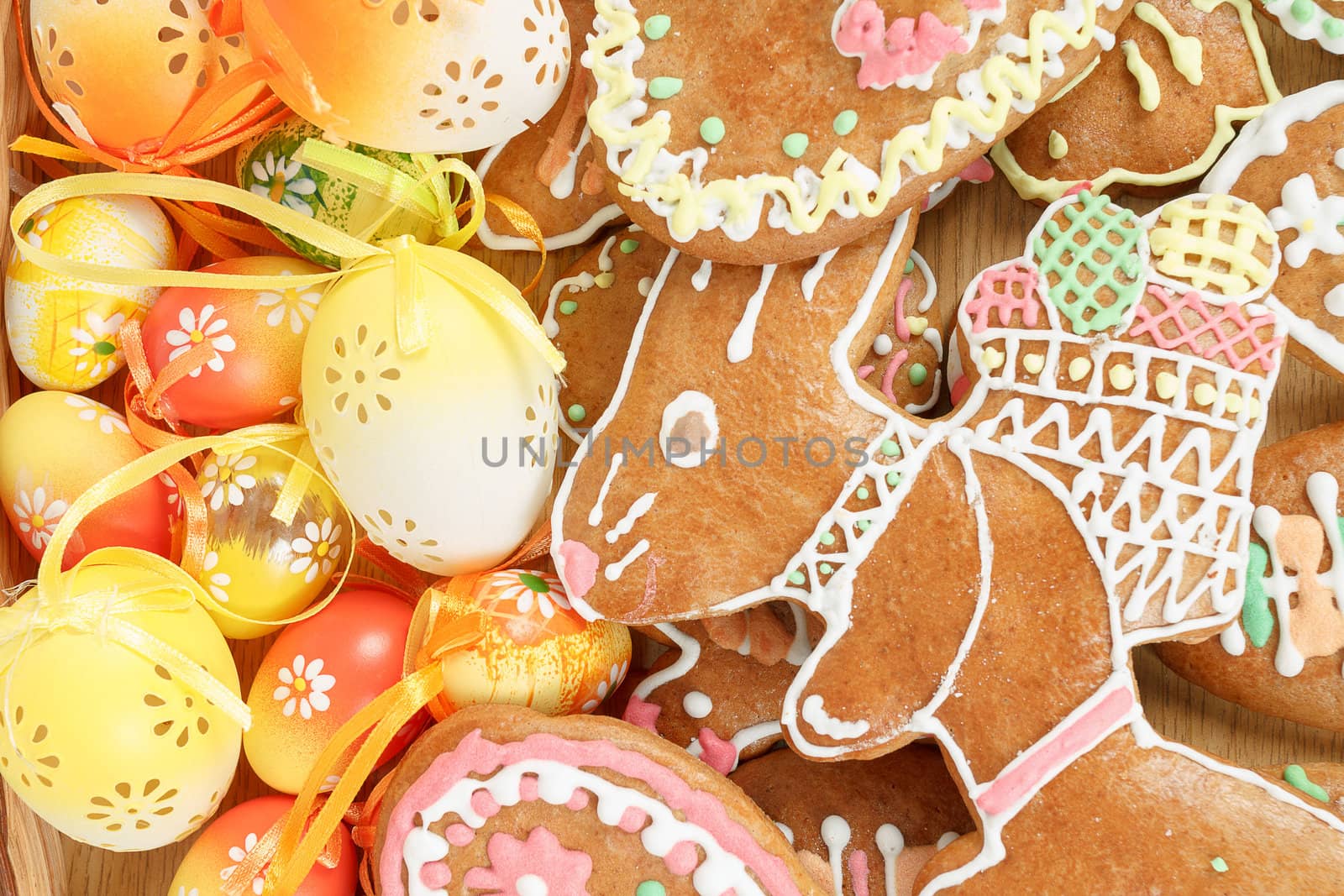 collection of easter ginger breads and painted eggs