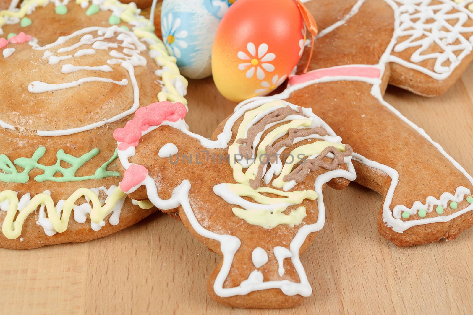 collection of easter ginger breads and painted eggs