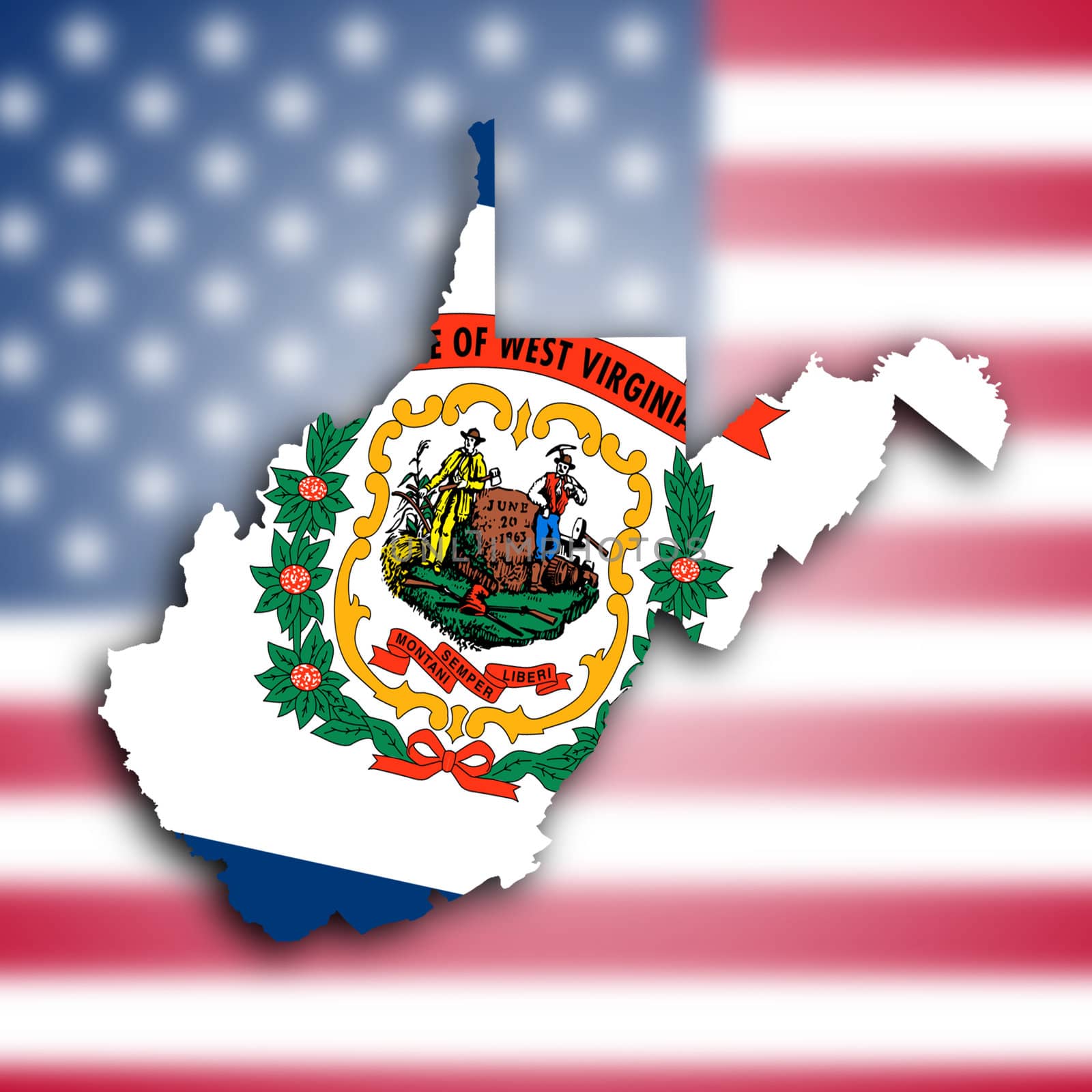 Map of West Virginia, filled with the state flag